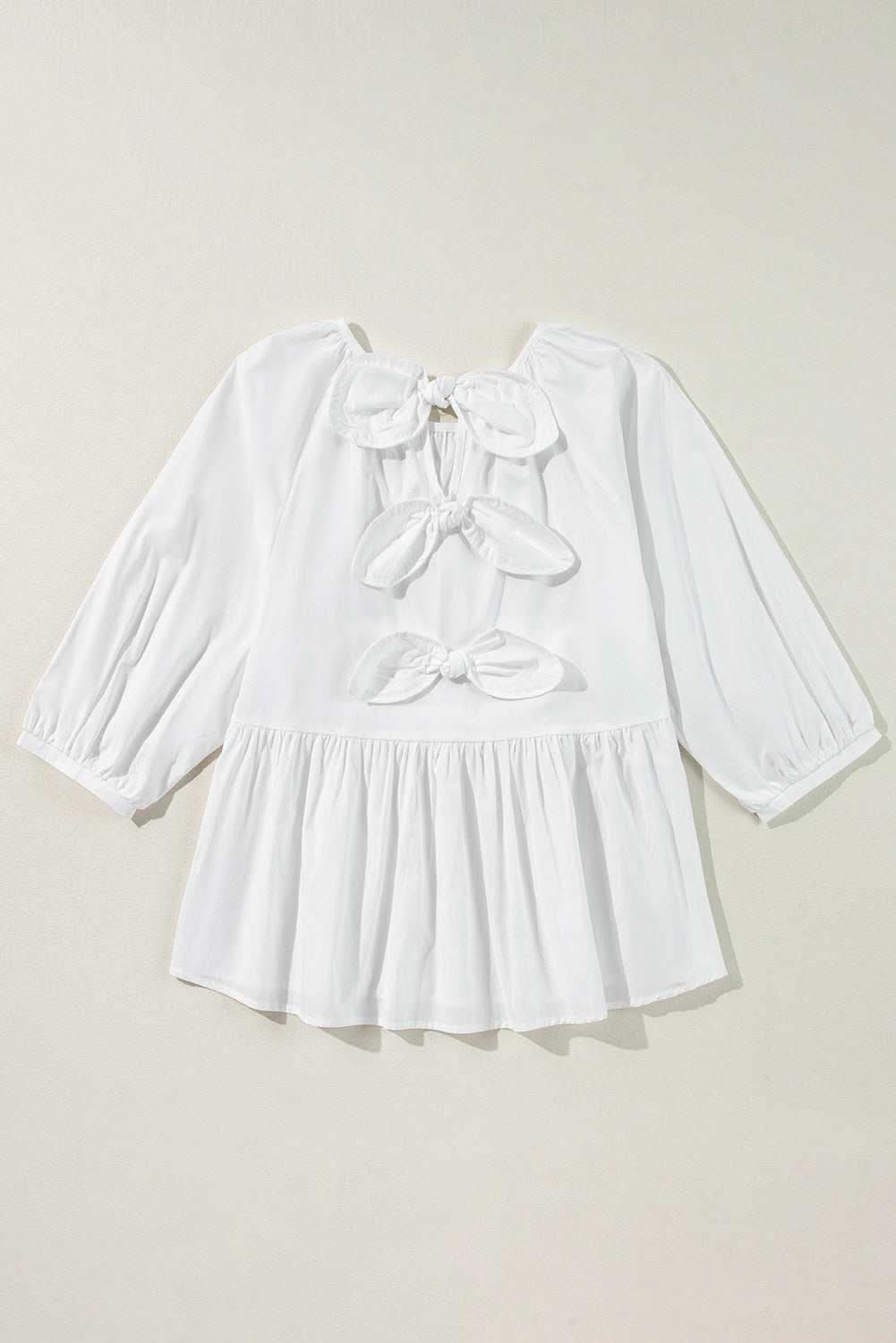White Bow Knot Cutout Back Loose Fit 3/4 Sleeve Blouse - Love Salve
